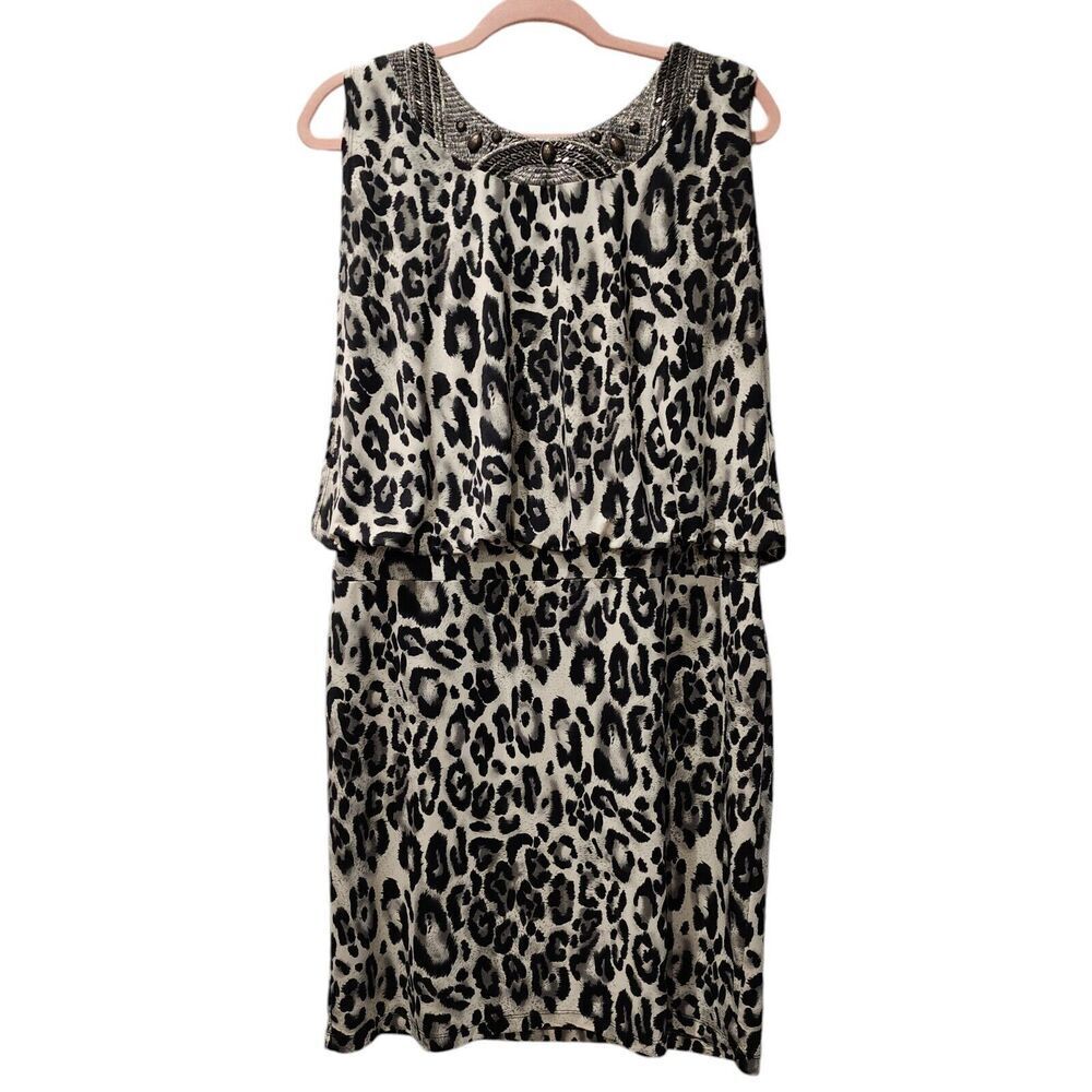 Dressbarn Collection Leopard Print Dress‎ Lined Embellished Size 16 Black Tan